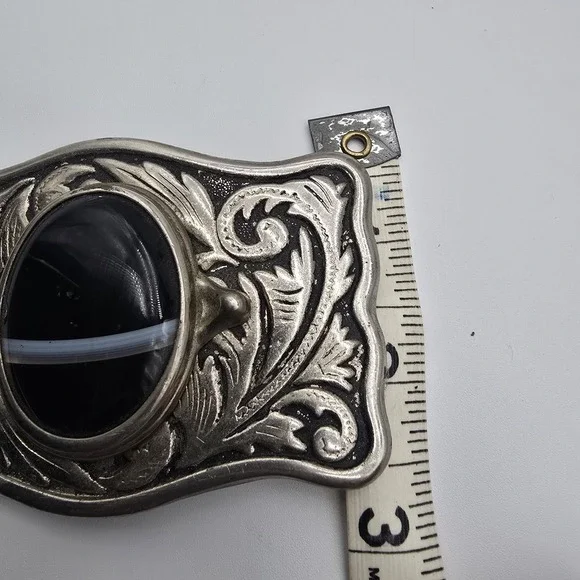 Centerpiece Black Banded  Cabochon Silver Tone Western Framed Belt Buckle - Picture 5 of 6